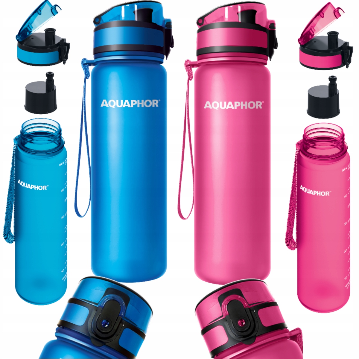 Filtračná fľaša Aquaphor City 0,5 l ružová + fľaša s filtrom Aquaphor City 0,5 l modrá